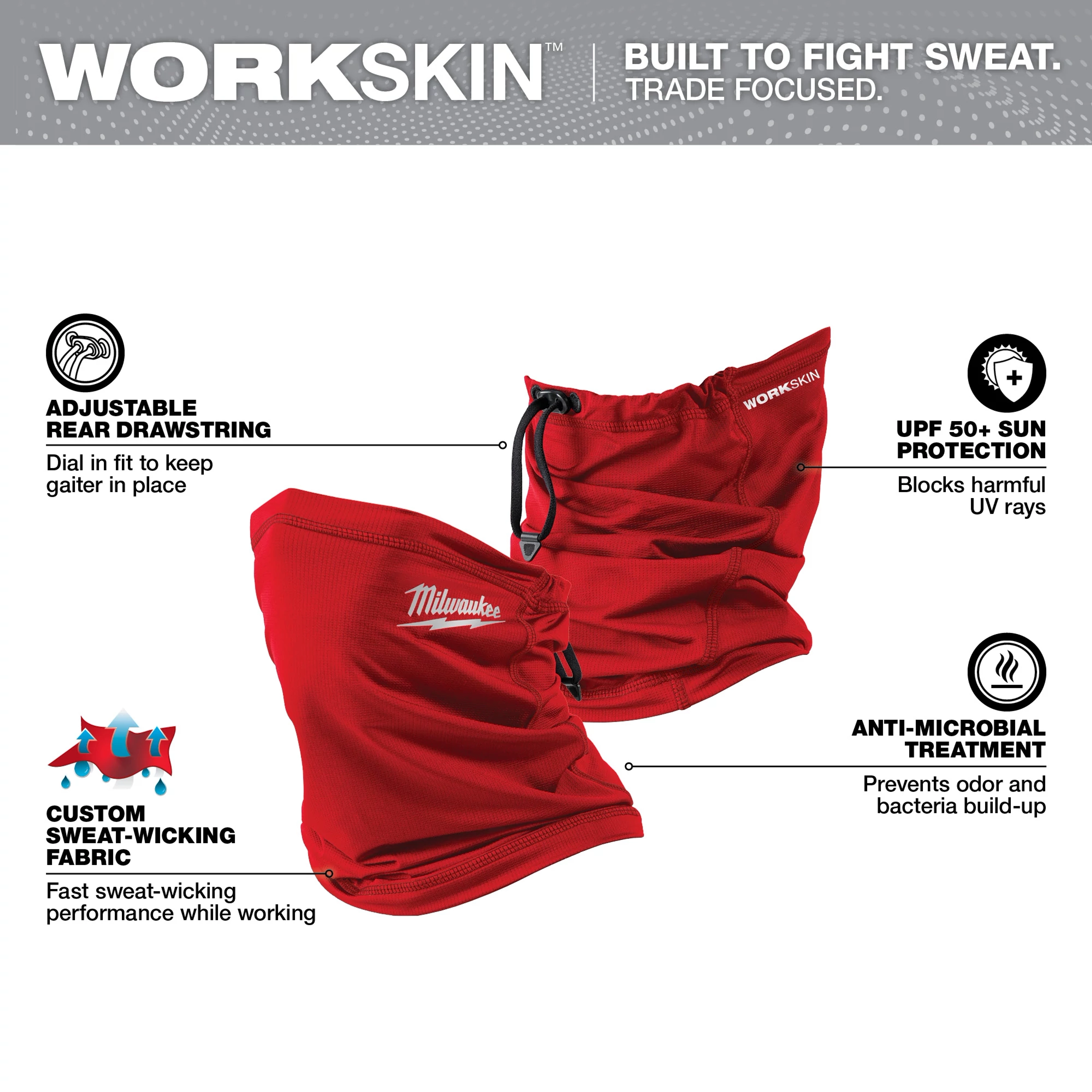Red WORKSKIN Performance Neck Gaiter with adjustable drawstring, custom sweat-wicking fabric, UPF 50+ sun protection, and anti-microbial treatment.