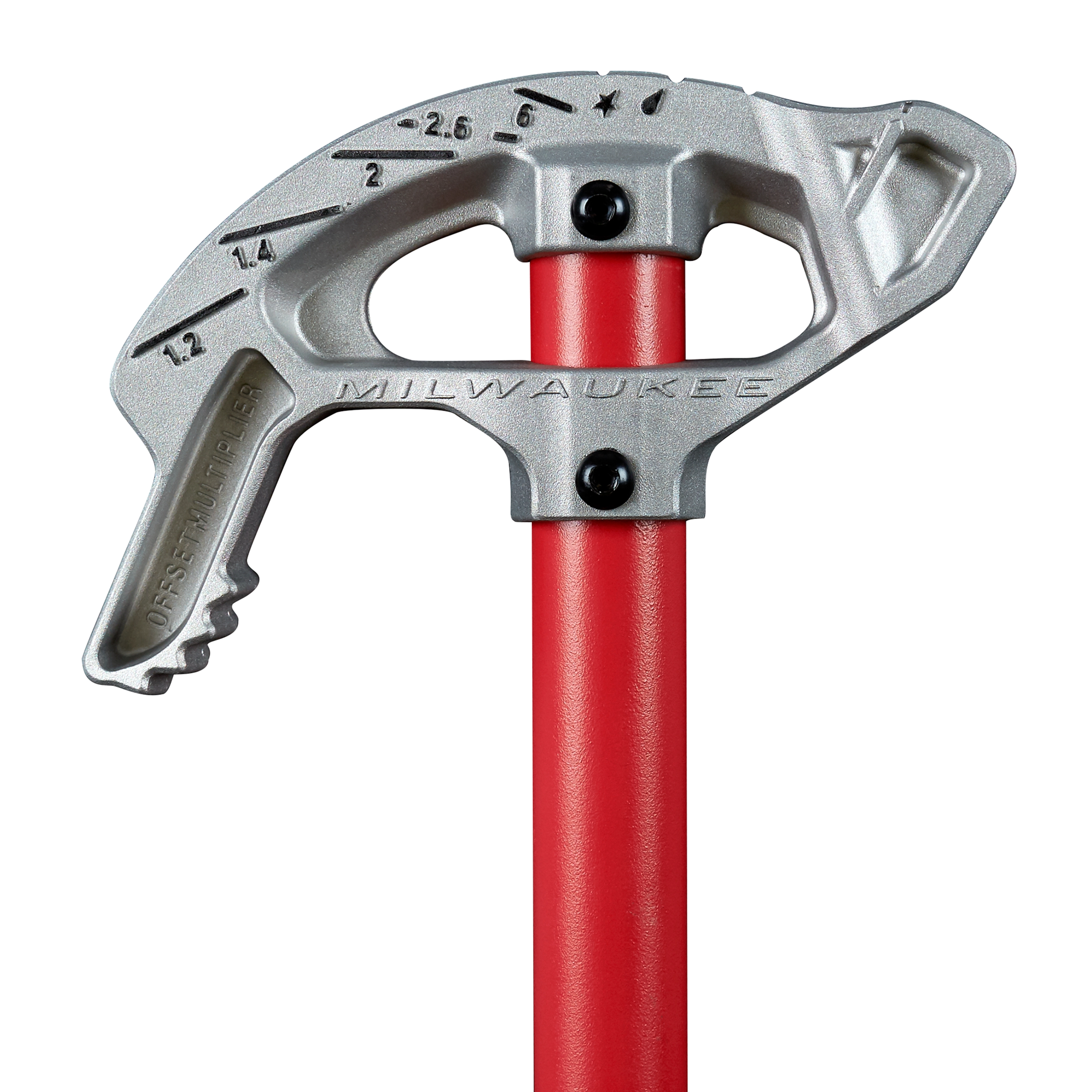 1/2" EMT Aluminum Conduit Bender with red handle, marked with measurements and labeled "Milwaukee" for conduit bending.