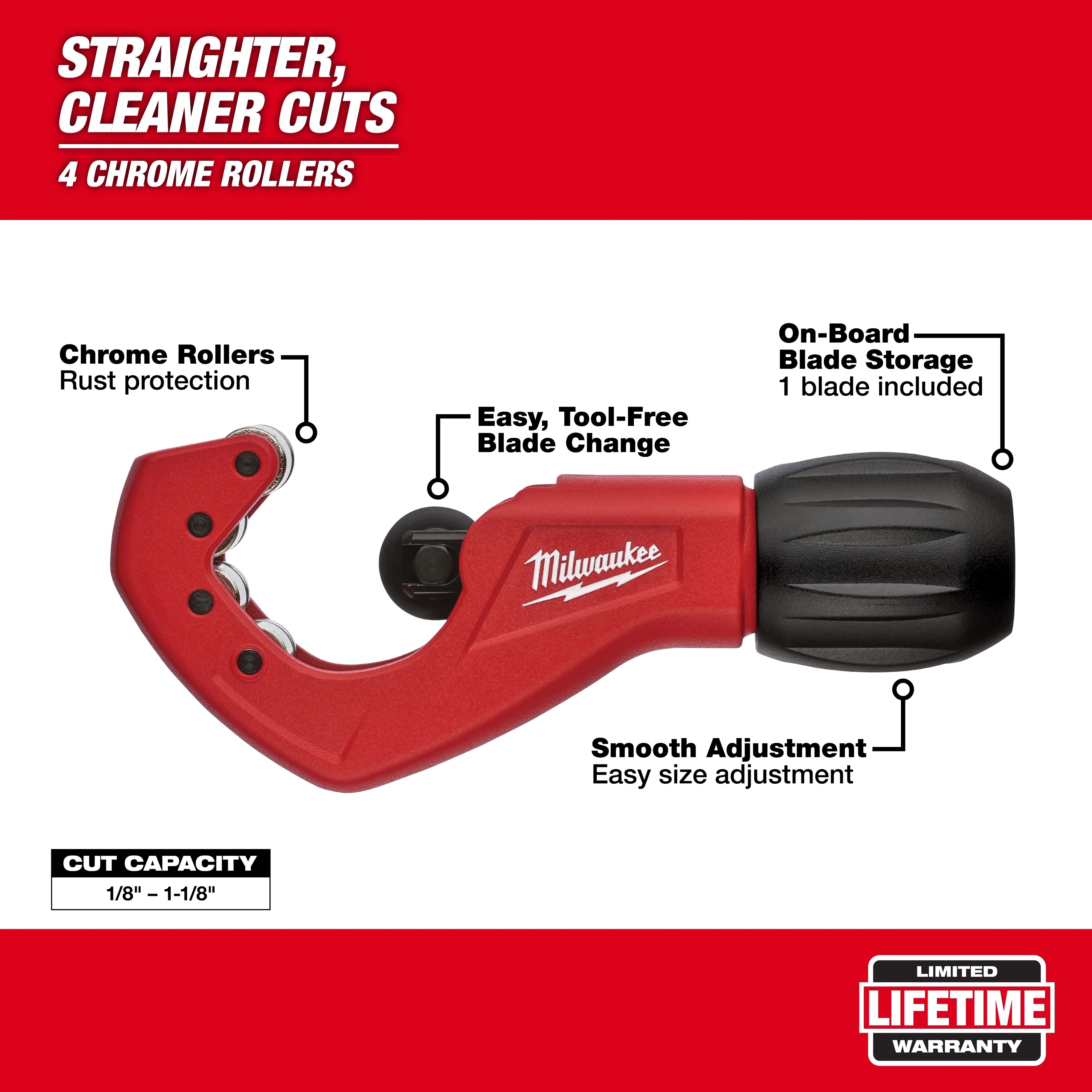 The 48-22-4259 is a Milwaukee tube cutter featuring rust-protected chrome rollers, tool-free blade change, smooth adjustment capability, and onboard blade storage. It has a cut capacity of 1/8" to 1-1/8" and comes with a limited lifetime warranty. Designed for straighter, cleaner cuts with four chrome rollers.