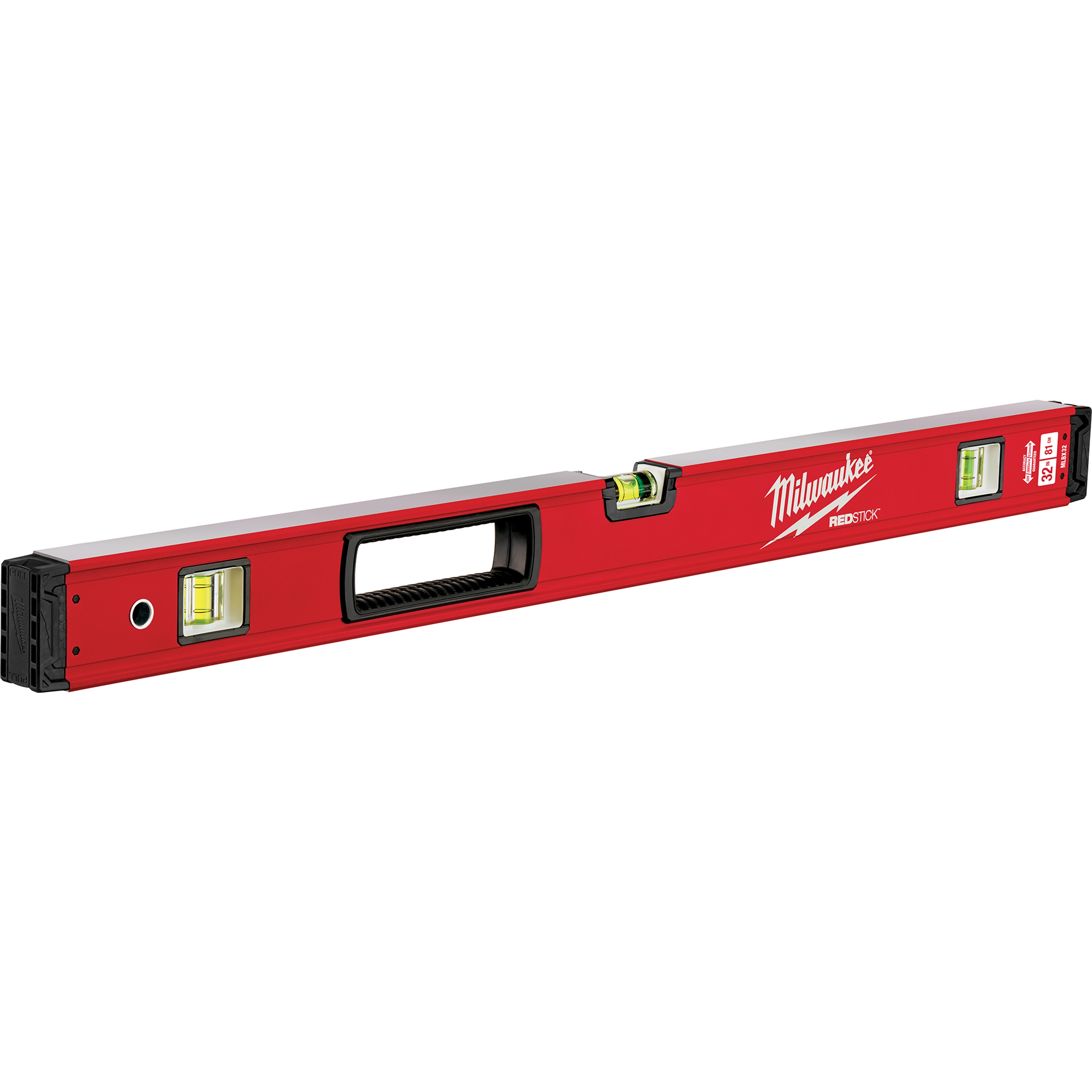 Red level tool with the brand name in white text. The REDSTICK Level features a handle, three vials, and cap ends.