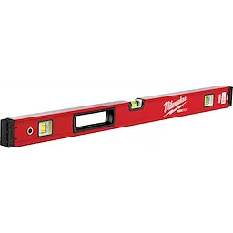 Red level tool with the brand name in white text. The REDSTICK Level features a handle, three vials, and cap ends.