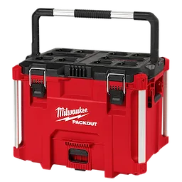 Red and black PACKOUT XL Tool Box with sturdy latches, handle, and ample storage space, branded with the Milwaukee logo.