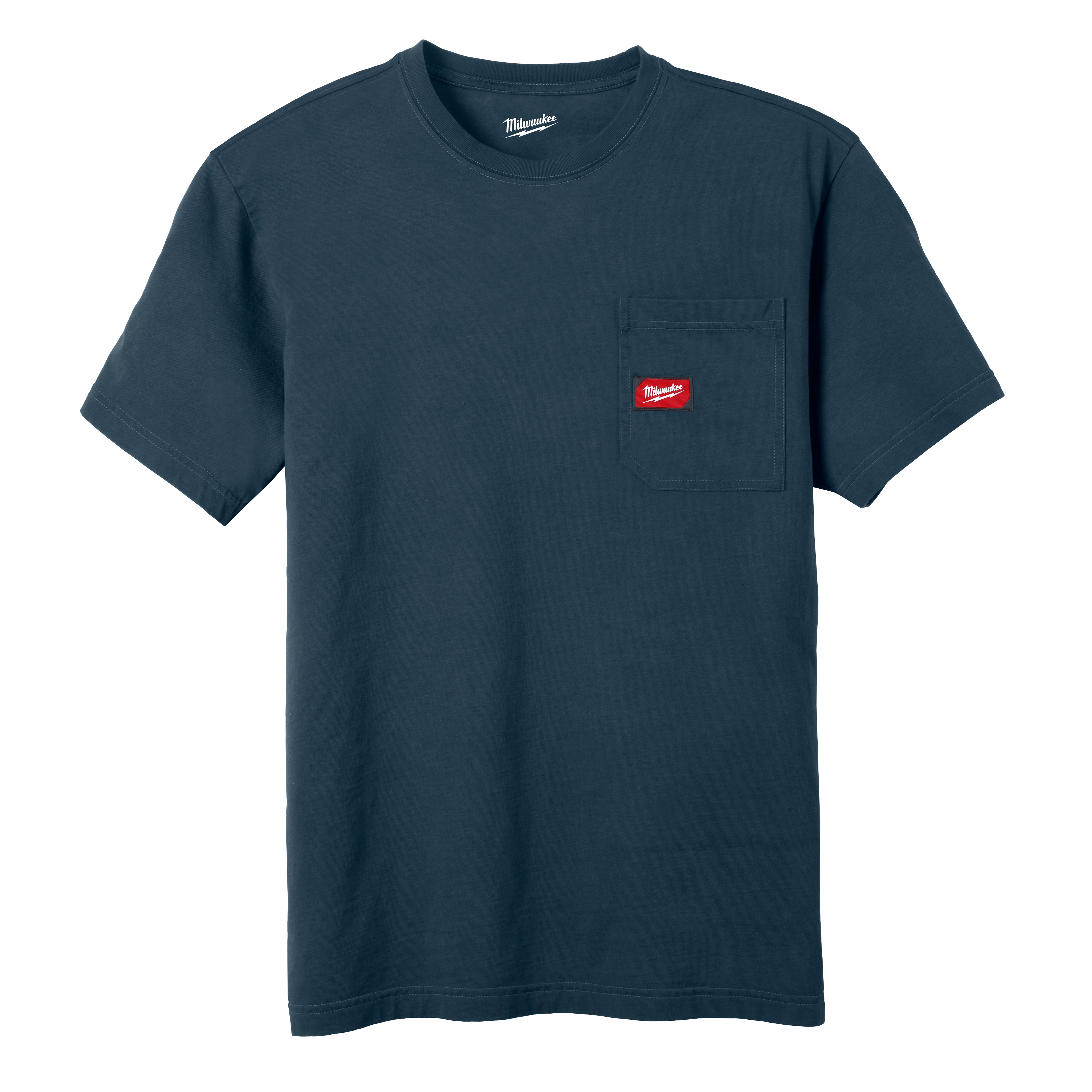 Heavy Duty Pocket T-Shirt - Blue, with a red and white logo on the left chest pocket. The shirt has short sleeves and a round neck.