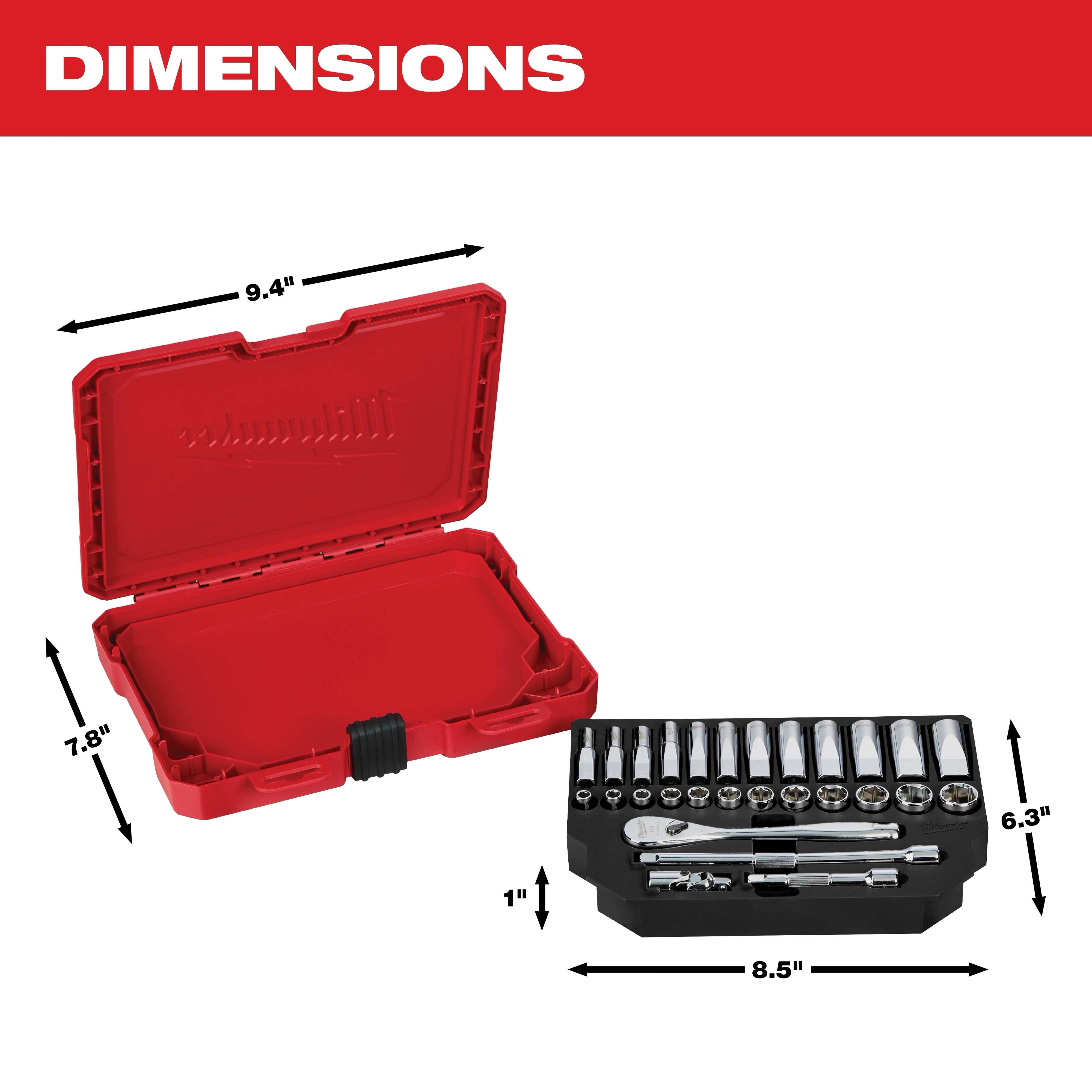 The image displays a red Milwaukee toolbox with its lid open, showing dimensions of 9.4 inches by 7.8 inches, alongside a set of tools in a black tray measuring 8.5 inches by 6.3 inches by 1 inch. The title "DIMENSIONS" is at the top.