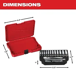The image displays a red Milwaukee toolbox with its lid open, showing dimensions of 9.4 inches by 7.8 inches, alongside a set of tools in a black tray measuring 8.5 inches by 6.3 inches by 1 inch. The title "DIMENSIONS" is at the top.