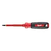 Milwaukee insulated screwdriver featuring a red and black handle, a protective rubber grip, and a red shaft with a black tip.