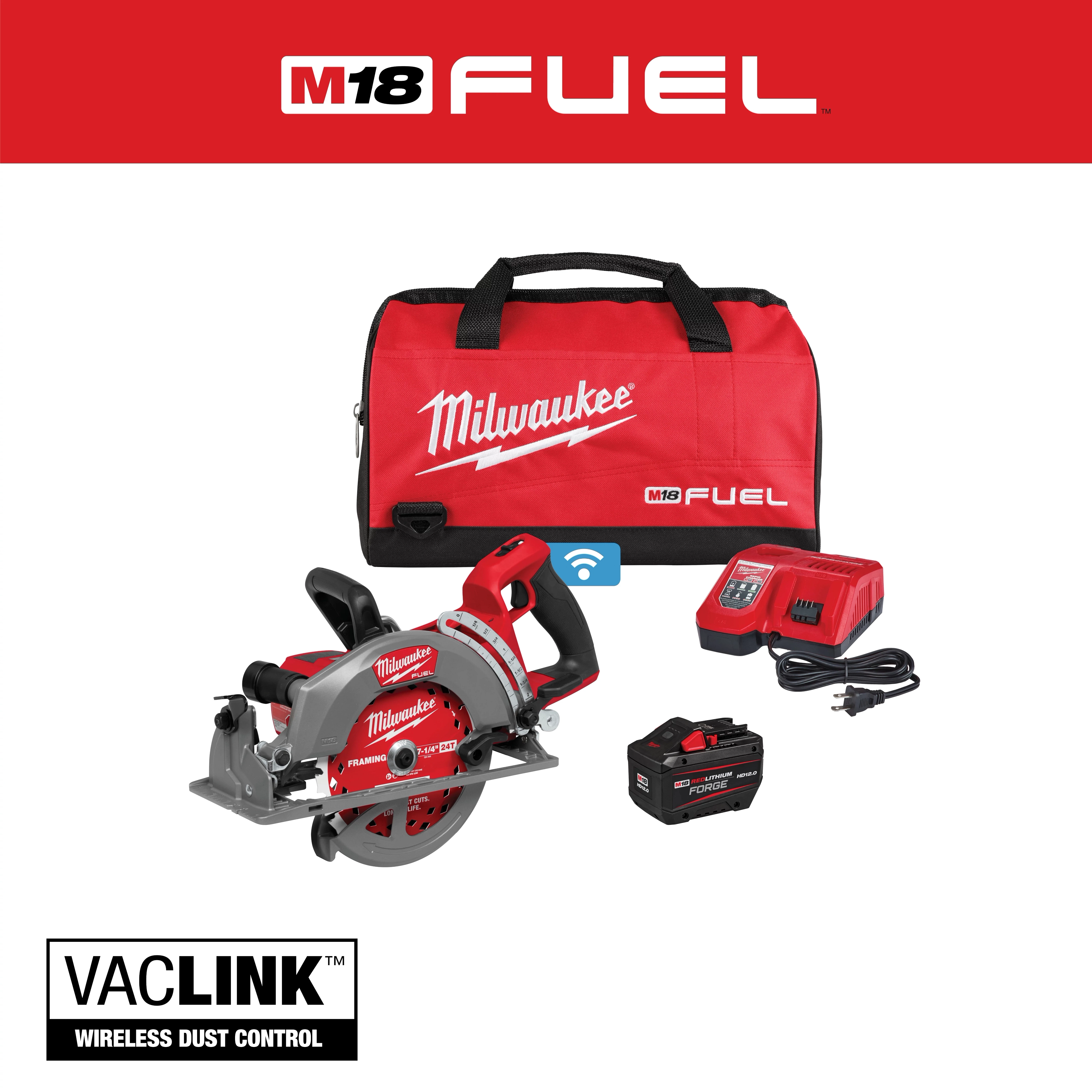 M18 FUEL 7-1/4" Rear Handle Circular Saw w/ONE-KEY. Features a red and black design with wireless dust control capability.