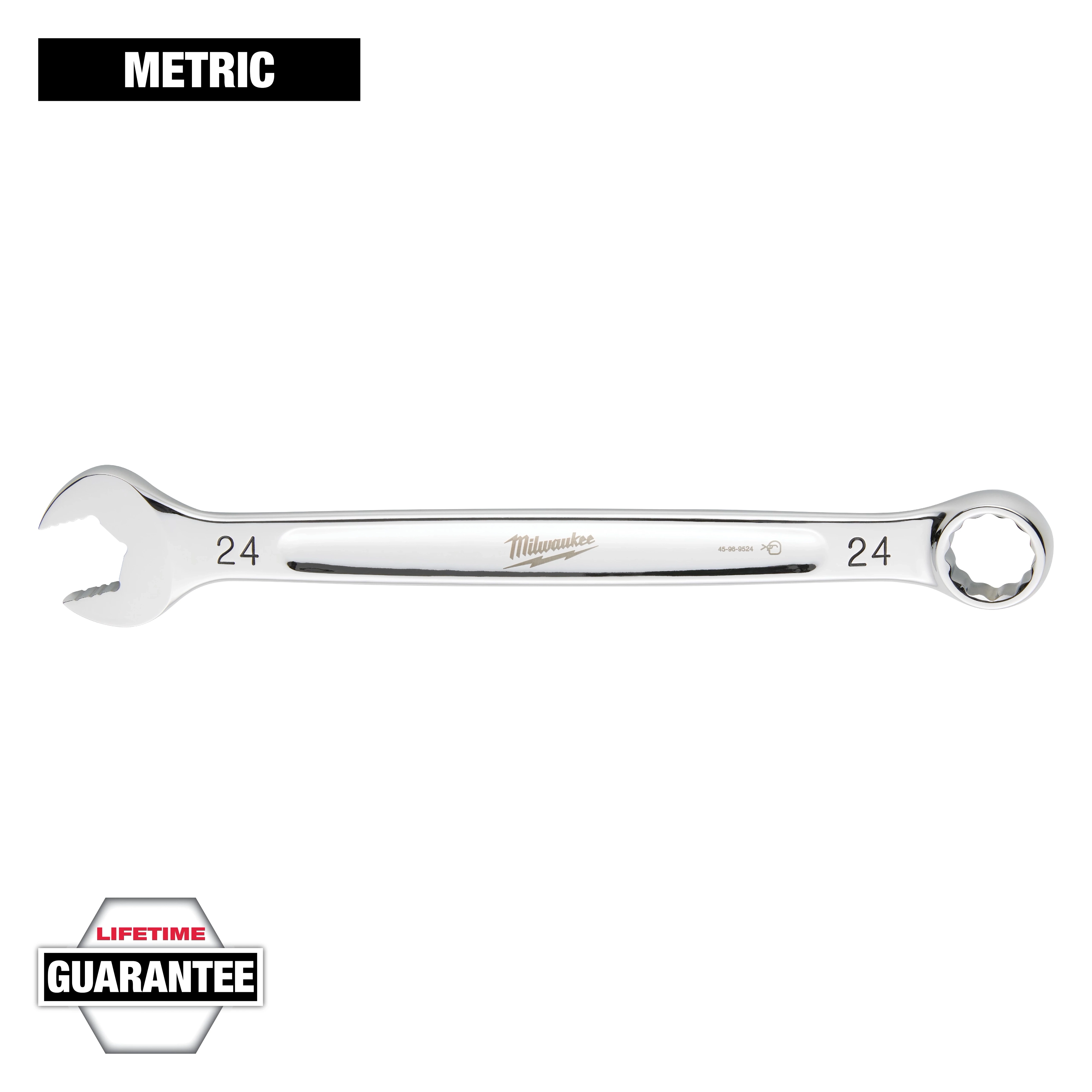 This is an image of a Milwaukee 24mm metric combination wrench. The wrench features a box end and an open end. "LIFETIME GUARANTEE" is stated at the bottom of the image, ensuring its durability.