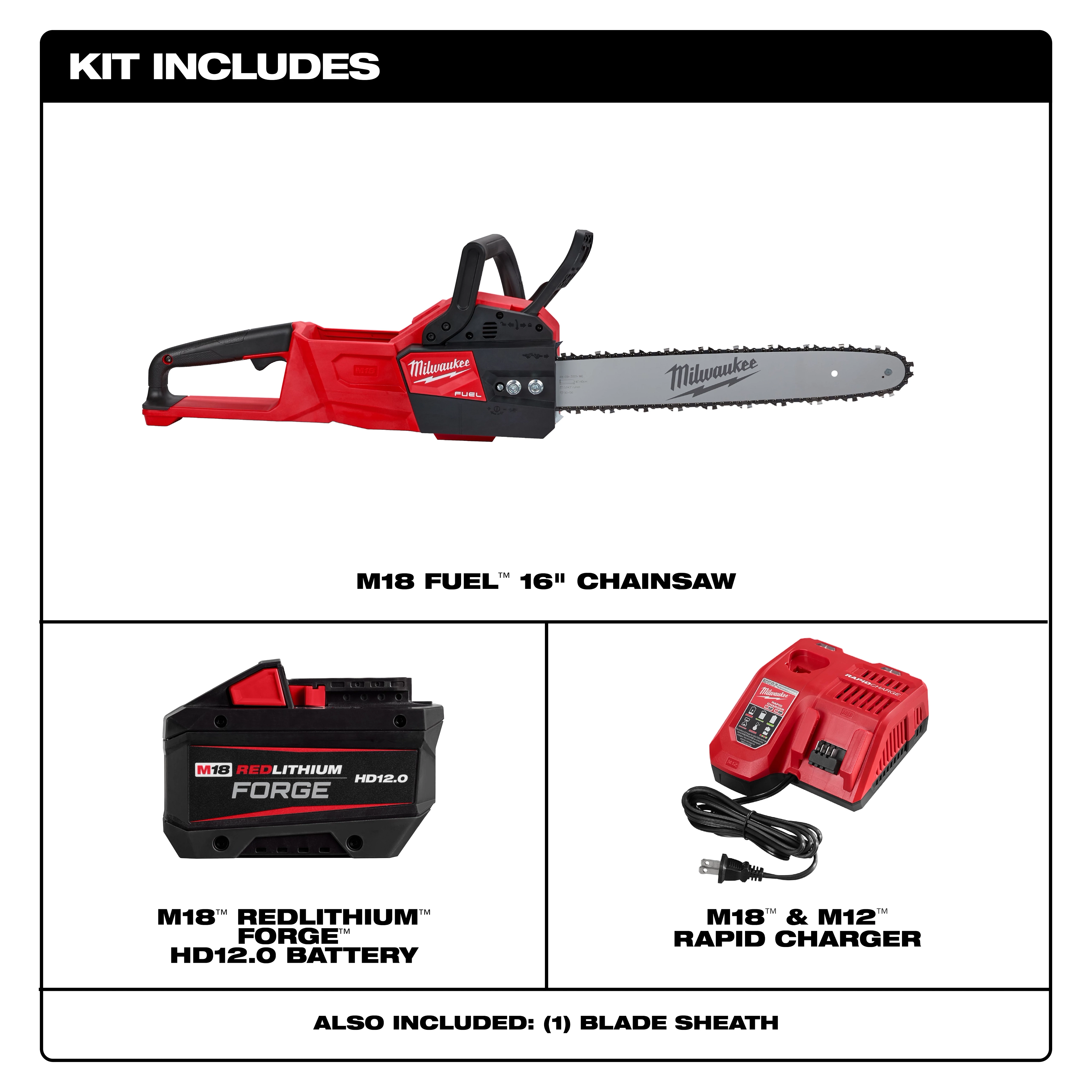 The image shows a kit that includes an M18 FUEL™ 16" Chainsaw, an M18™ REDLITHIUM™ FORGE™ HD12.0 battery, an M18™ & M12™ rapid charger, and a blade sheath. Each item is displayed with the respective label.