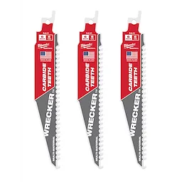The image shows three 6" 6 TPI THE WRECKER™ with Carbide Teeth SAWZALL® Blades in a pack. The blades are red and silver with a serrated edge designed for cutting through a variety of materials.