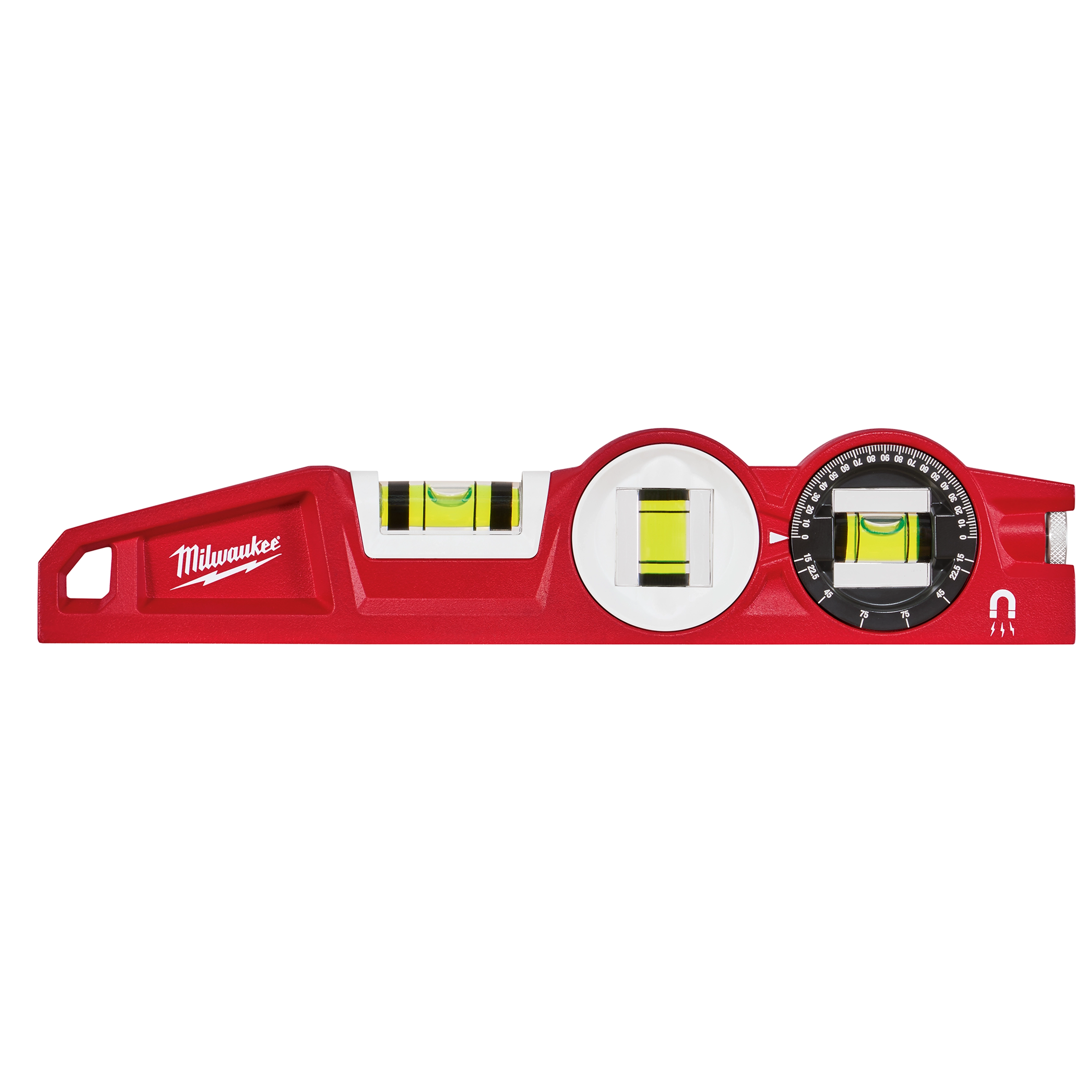 Block Torpedo Level featuring red body, three bubble vials, and a magnetic strip, ideal for precise leveling and alignment tasks.