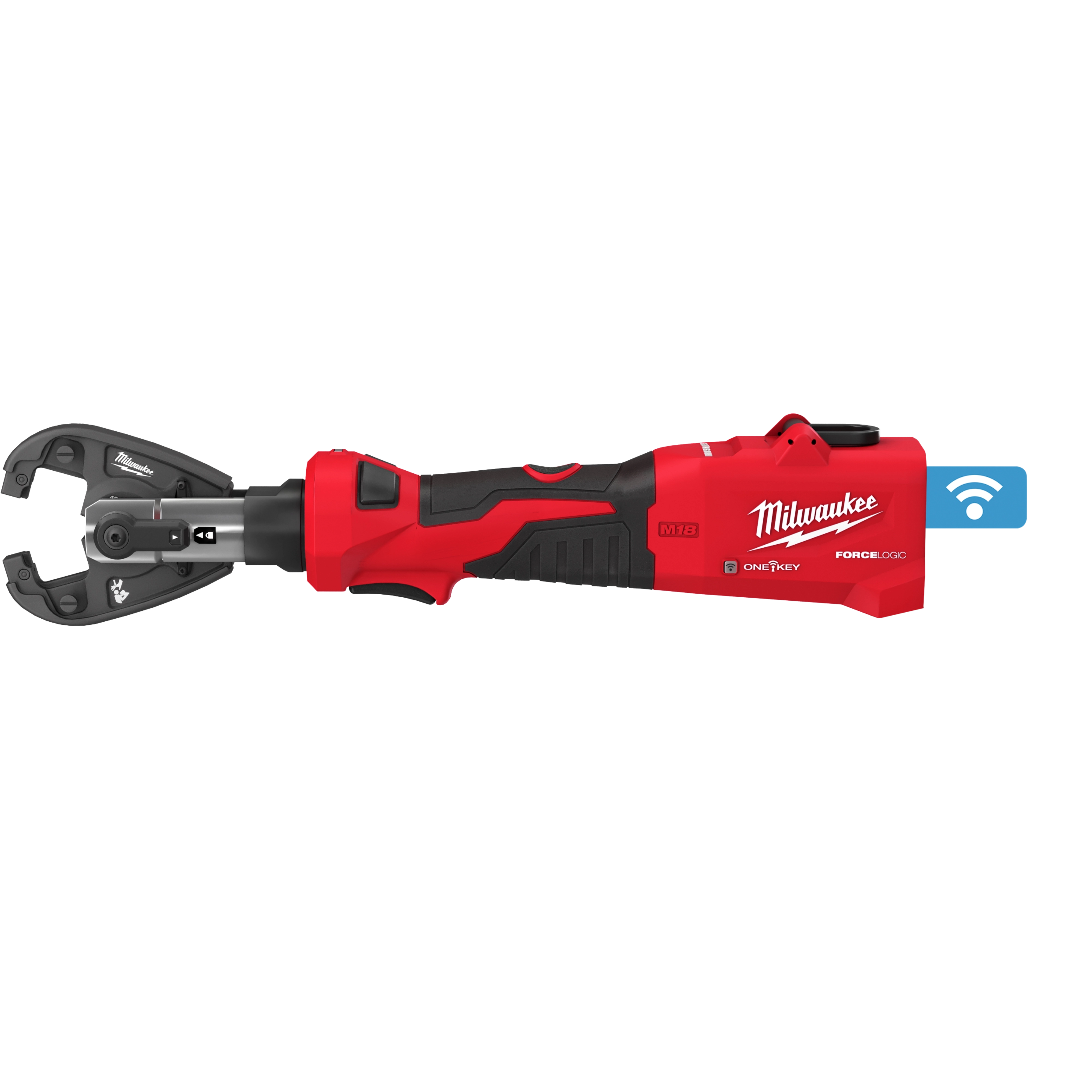 The M18 FORCE LOGIC 6T Linear Utility Crimper with Kearney Jaw (Tool Only) features a red and black design with a gripping handle, a crimping jaw, and the brand name printed on the side. It includes a wireless connectivity icon above the battery compartment on the right end.