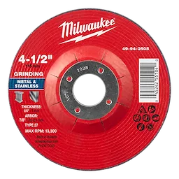 Red 4-1/2" x 1/4" x 7/8" Metal Grinding Wheel - Type 27 for metal and stainless steel, 115 mm, max RPM 13,300.