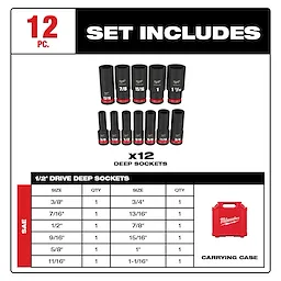 12PC SHOCKWAVE Impact Duty(TM) 1/2" Drive SAE Deep 6 Point Socket Set