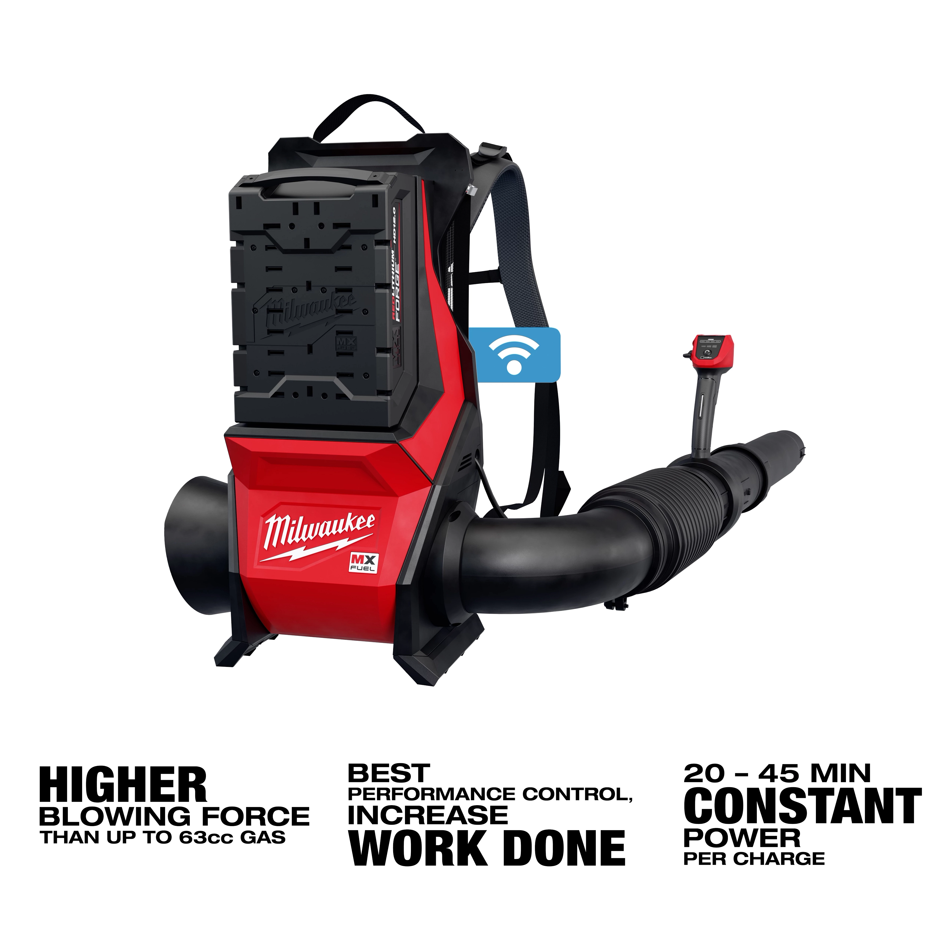 The MX FUEL™ Backpack Blower by Milwaukee is a red and black backpack-style blower designed for increased blowing force. It features ergonomic straps, a large air tube, and boasts 20-45 minutes of constant power per charge. The blower emphasizes performance control and productivity.