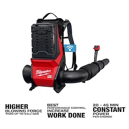 The MX FUEL™ Backpack Blower by Milwaukee is a red and black backpack-style blower designed for increased blowing force. It features ergonomic straps, a large air tube, and boasts 20-45 minutes of constant power per charge. The blower emphasizes performance control and productivity.