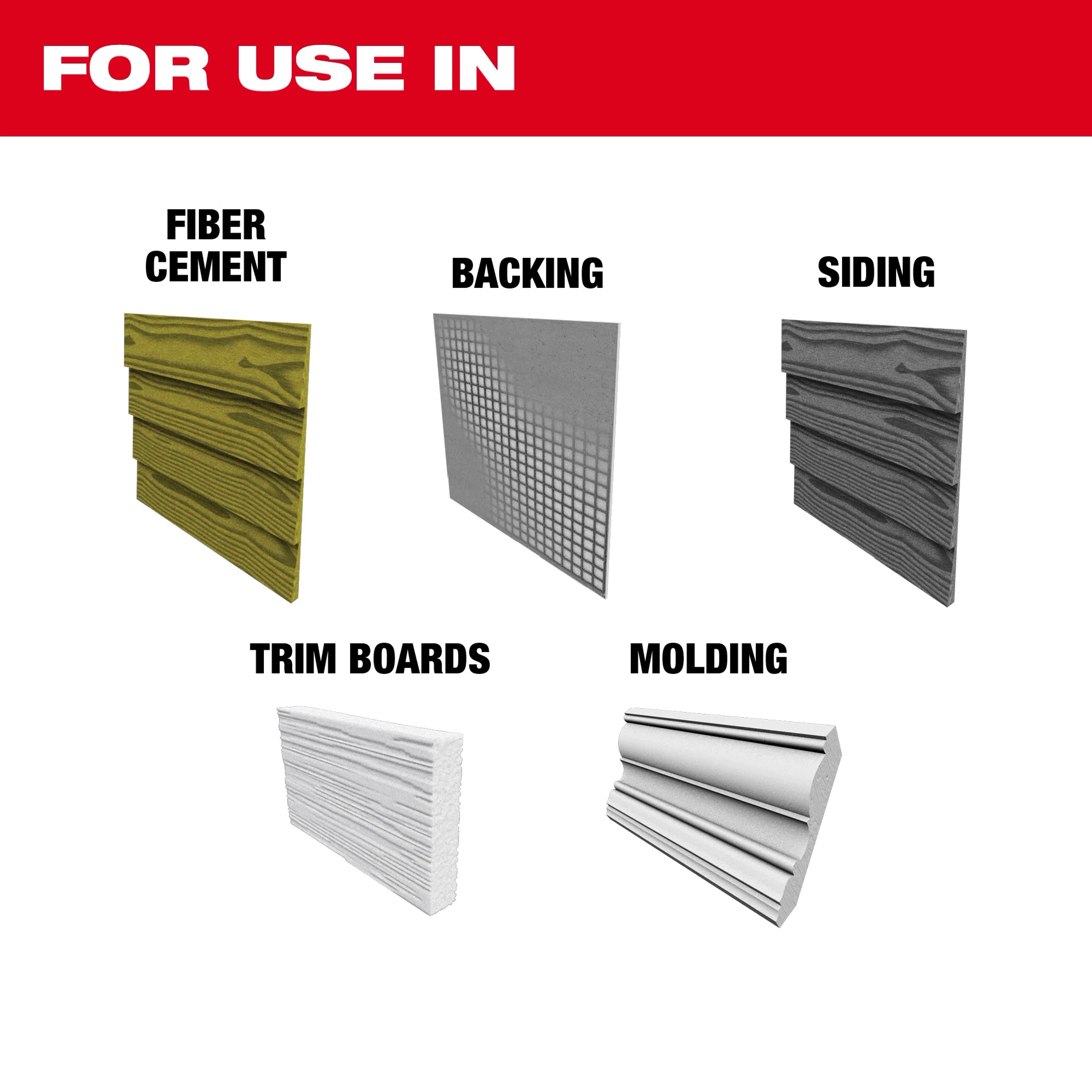 For Use In Fiber Cement Track Saw Blade Image Reel showing applicable materials: fiber cement, backing, siding, trim boards, molding.