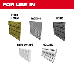For Use In Fiber Cement Track Saw Blade Image Reel showing applicable materials: fiber cement, backing, siding, trim boards, molding.