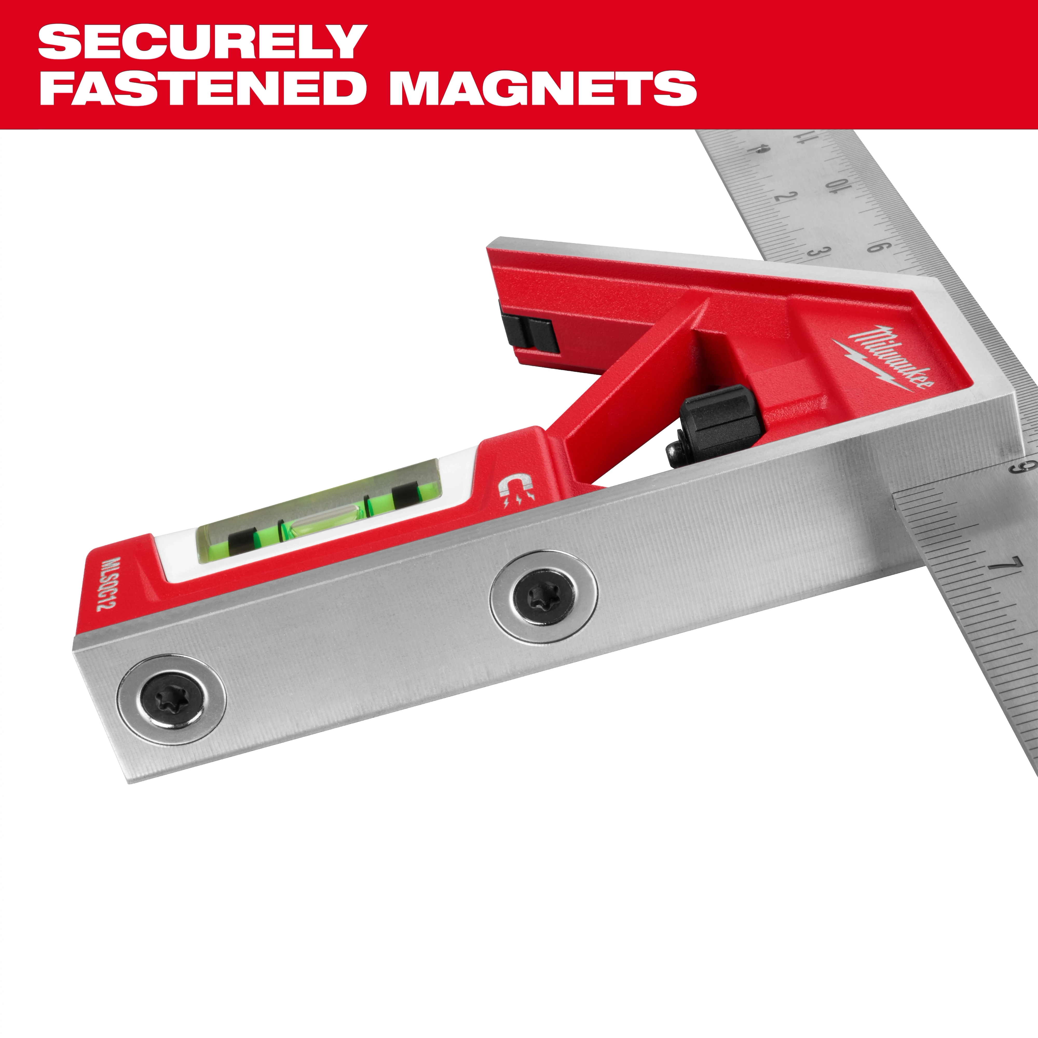 12" Magnetic Combination Square with securely fastened magnets, featuring a red handle, a level, and a metal ruler.