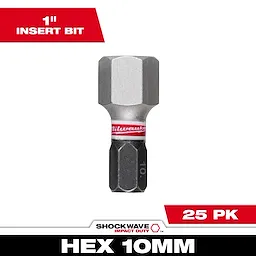 Image of SHOCKWAVE™ 1" Impact Duty Hex 6 MM Insert Bits Bulk 25. It displays a single hex bit with a silver top and black base. The bit has a red and white MILWAUKEE® label around its middle. Text highlights it is 1" and comes in a 25 pack.