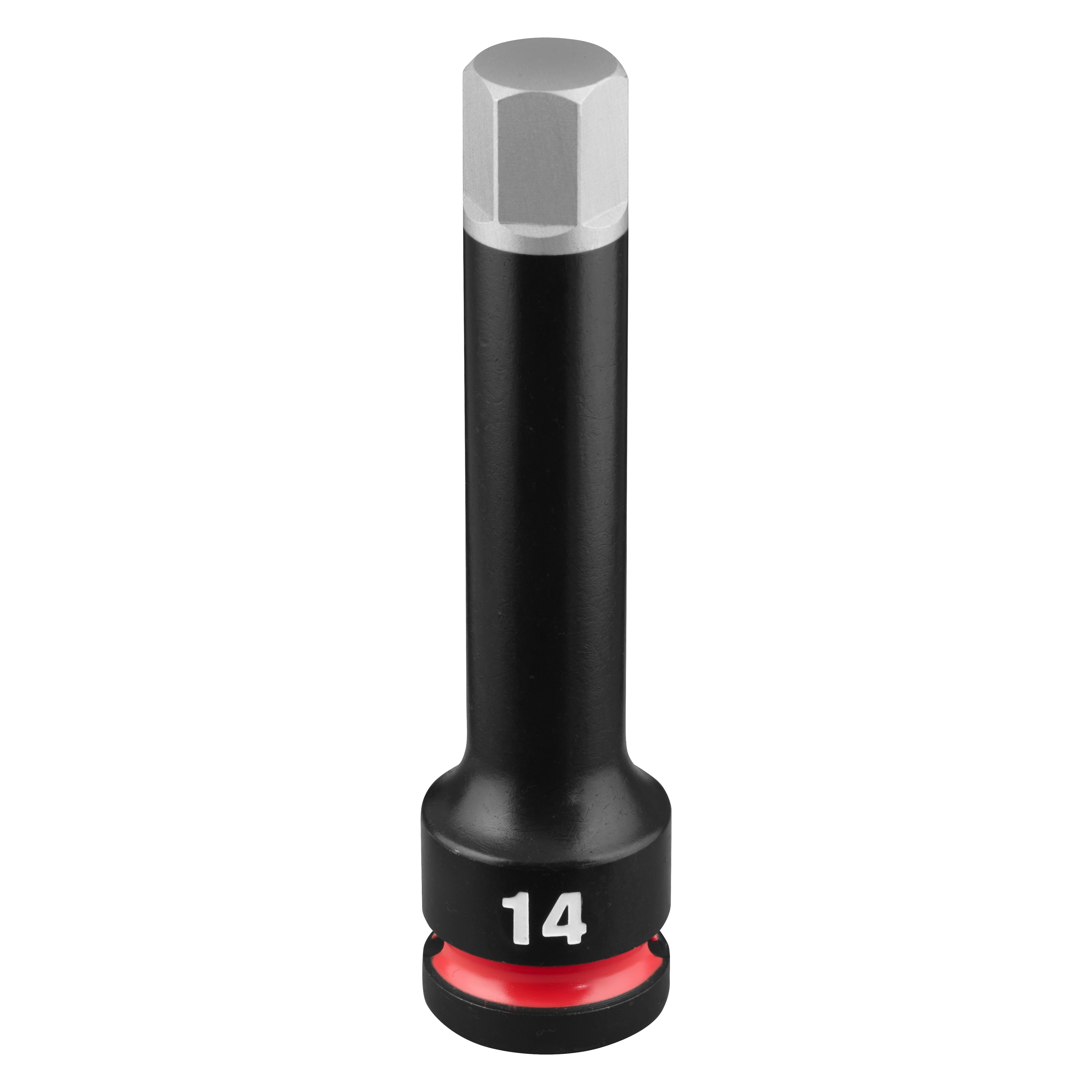 SHOCKWAVE Impact Duty 1/2" Drive 4" Hex 14mm Bit Socket standing upright on a plain background.