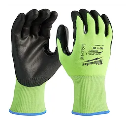 Hi Vis Cut Gloves in green with black palms and fingers. Text on the front glove details size XL and cut level 5.