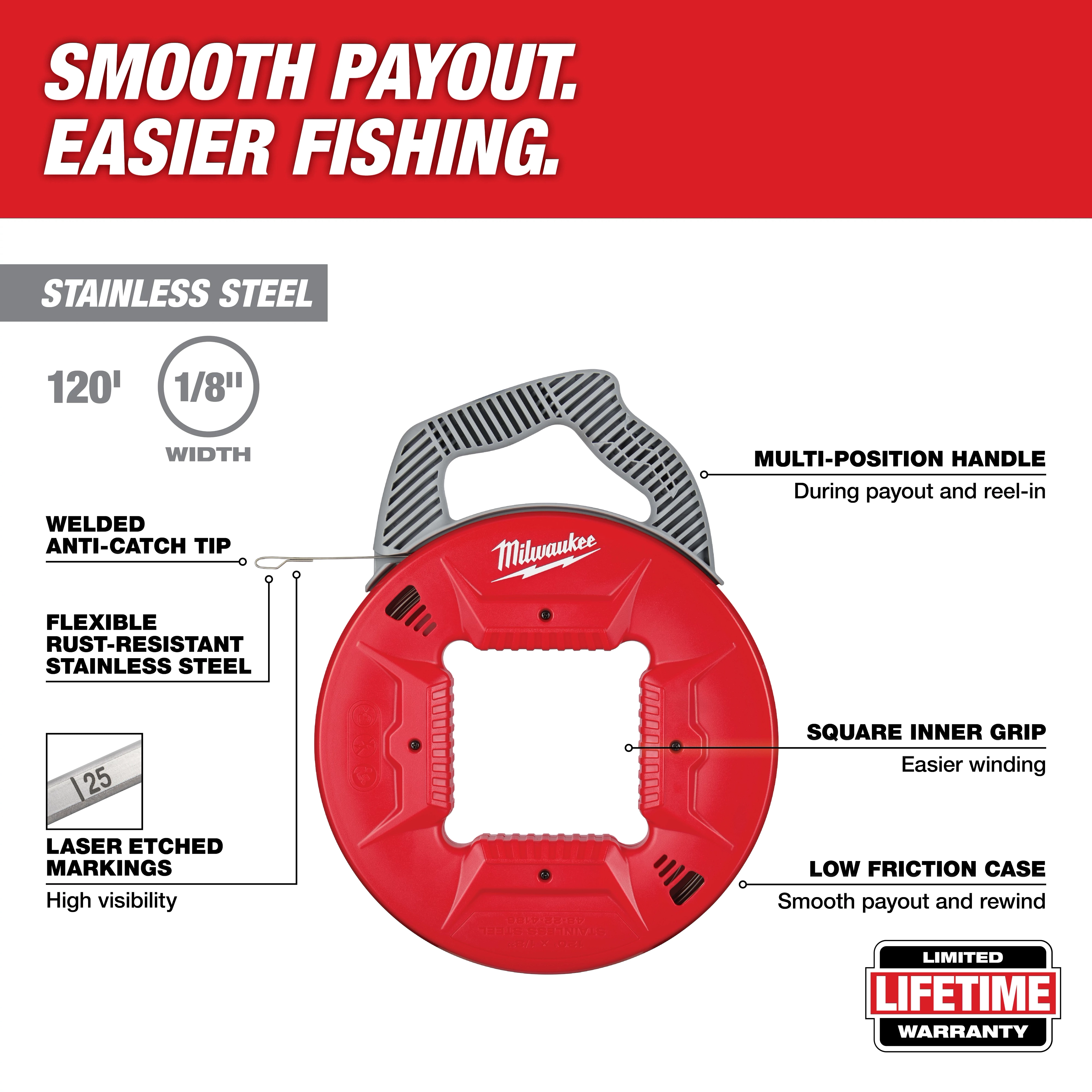 120' Stainless Steel Fish Tape with a multi-position handle, laser-etched markings, welded anti-catch tip, and low friction case.