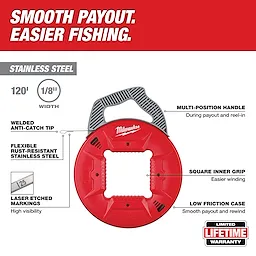 120' Stainless Steel Fish Tape with a multi-position handle, laser-etched markings, welded anti-catch tip, and low friction case.