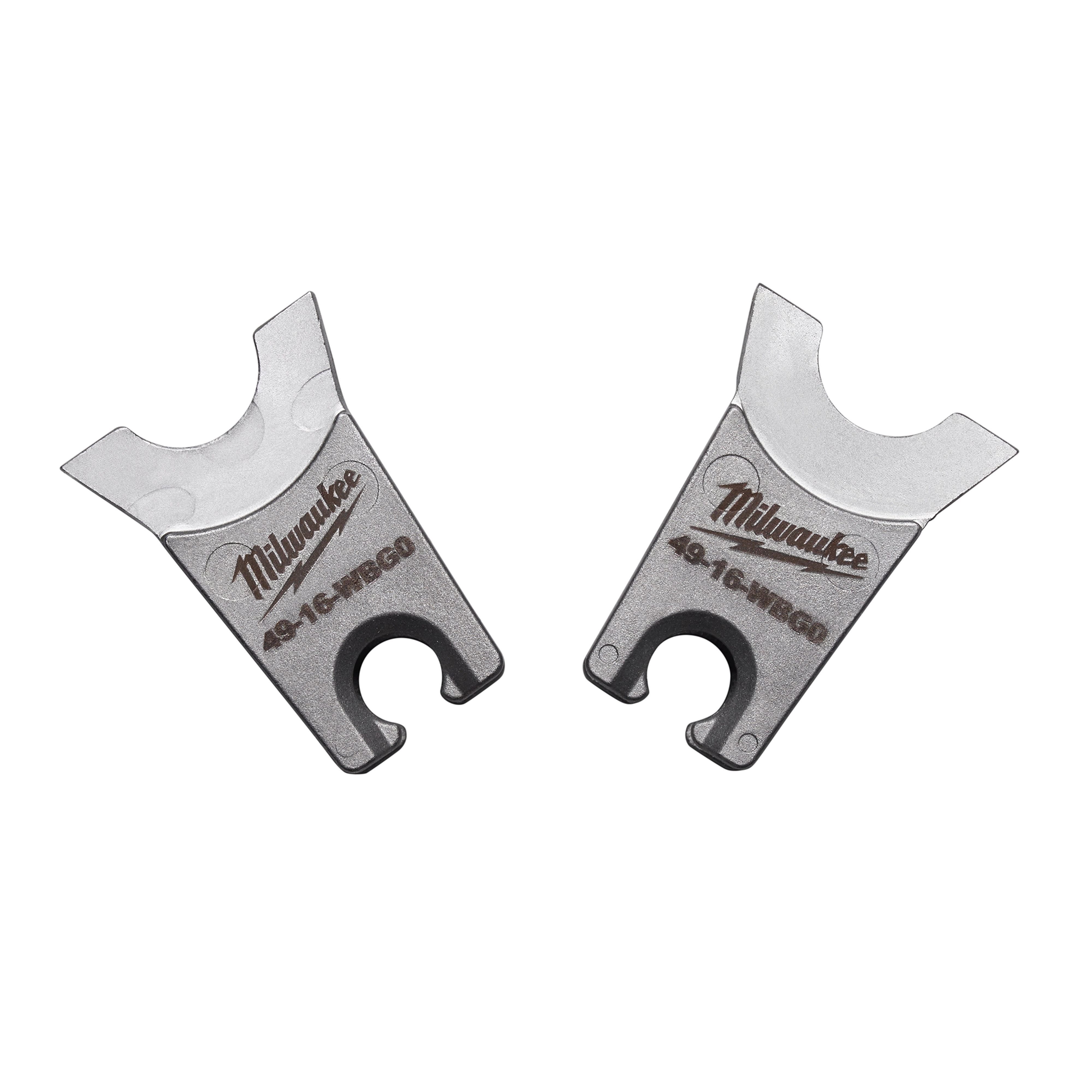 Milwaukee® W Style Dies are two metallic, uniquely shaped cutting dies. They feature a partial circular opening and small notches on one end, with "Milwaukee" and the model number 49-16-WBG20 etched into each.