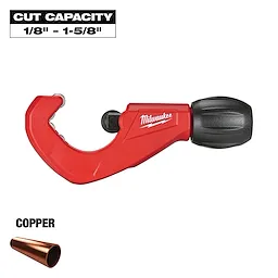 Milwaukee copper tubing cutter with a red and black handle. It includes a cut capacity range of 1/8 inch to 1-5/8 inches. A small copper pipe section and the word "COPPER" are shown below the tool.