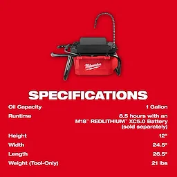 M18 Brushless Pipe Threading Oiler centered on red background with white specifications text.