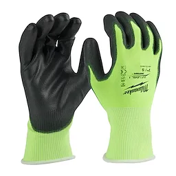 High Visibility Cut Level 1 Polyurethane Dipped Gloves in size S: gloves are lime green with black dipped palms and fingers.