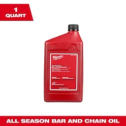 The image shows a Milwaukee-branded 1-quart red bottle of 1 Quart All Season Bar and Chain Oil. The label indicates that it is designed to reduce heat and maintain chainsaws and other chains.