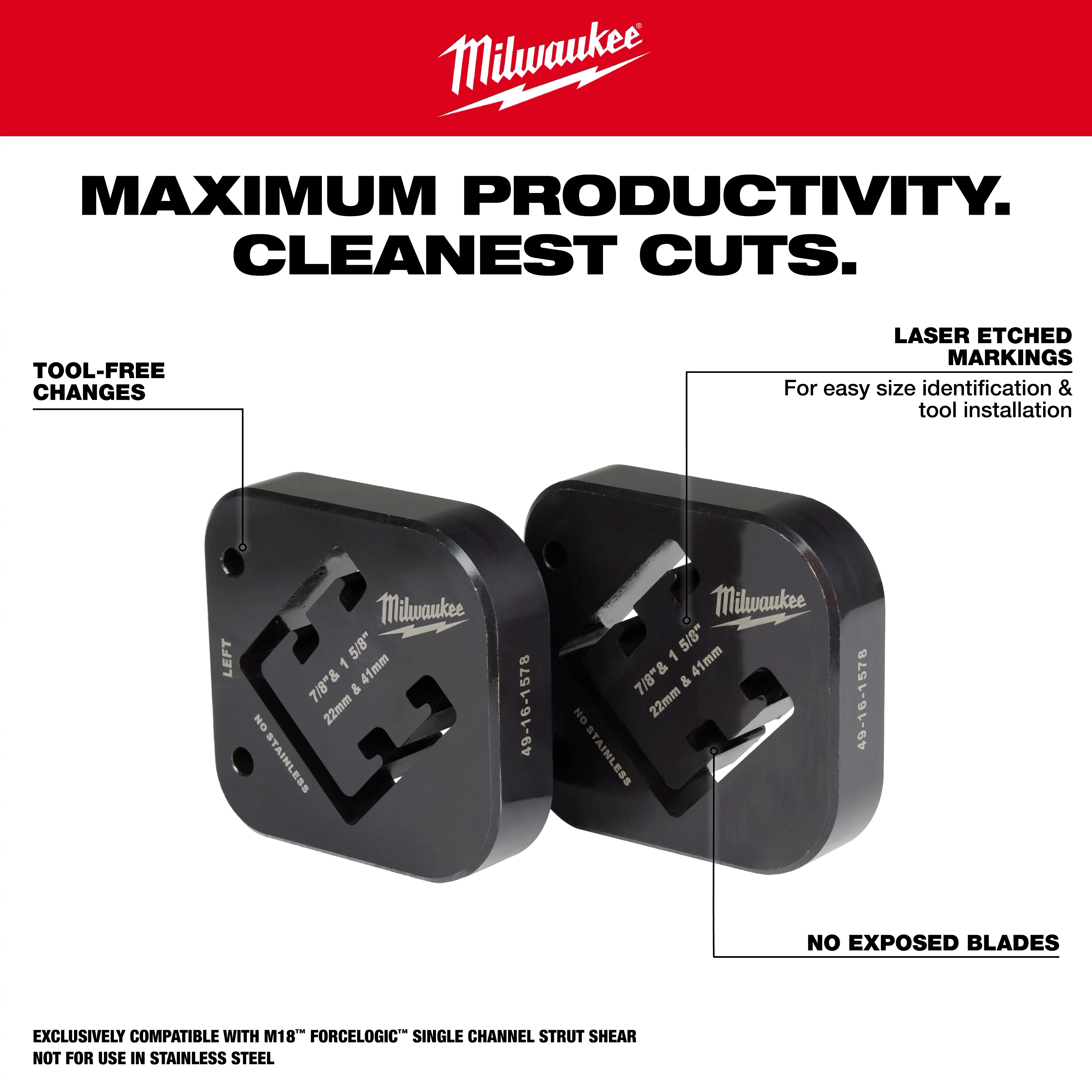 Milwaukee 7/8" & 1-5/8" x 1-5/8" Combination Strut Shearing Dies, featuring tool-free changes, laser-etched markings, and no exposed blades.