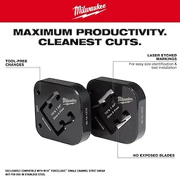 Milwaukee 7/8" & 1-5/8" x 1-5/8" Combination Strut Shearing Dies, featuring tool-free changes, laser-etched markings, and no exposed blades.