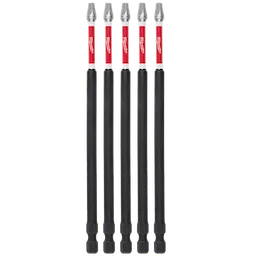 The image shows five SHOCKWAVE™ 6” Impact Phillips #2 Power Bits (5 PK). The bits are long, hexagonal, and have red and black sections. The tips are designed for Phillips screws.
