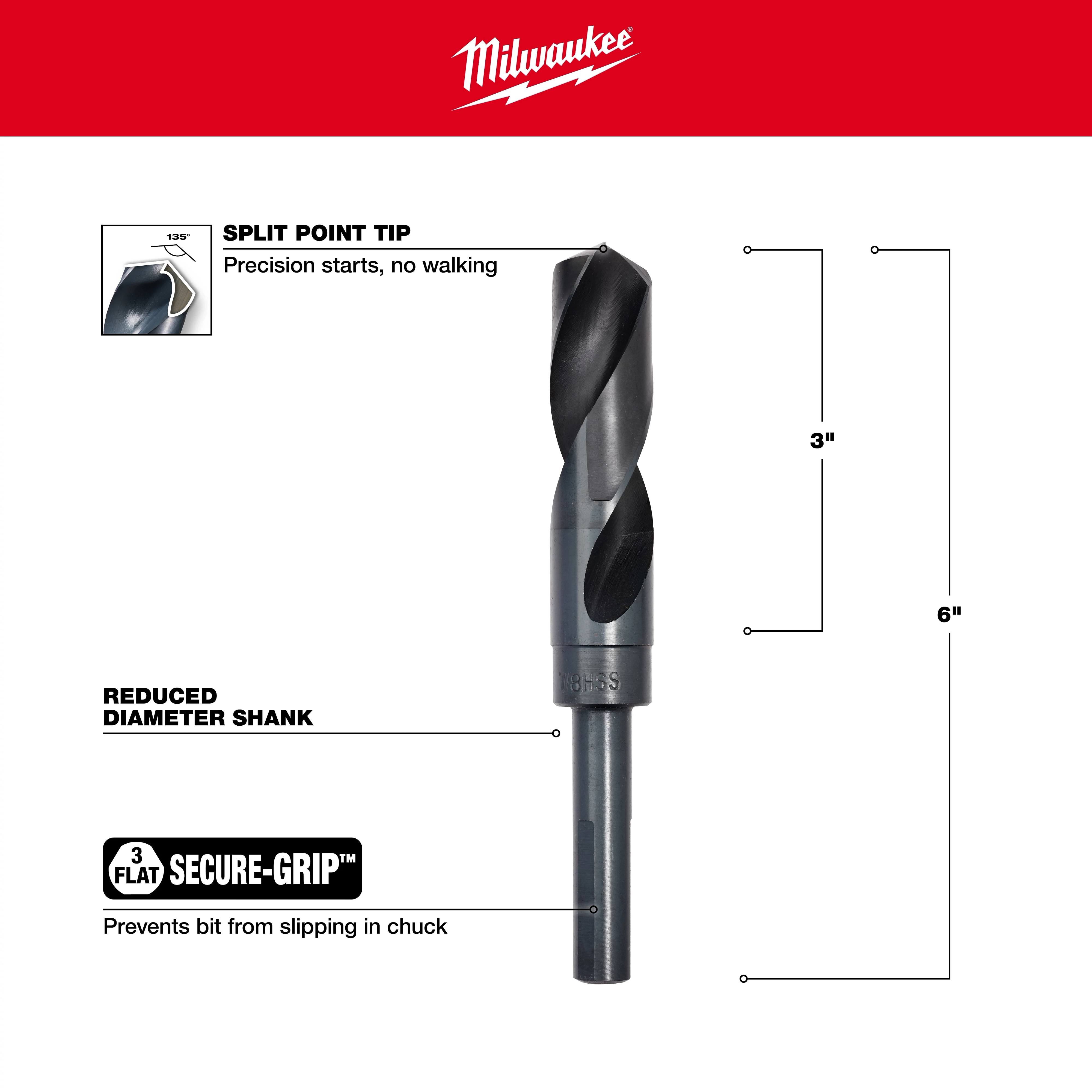 Milwaukee 48-89-2750 Walkaround drill bit showing split point tip, reduced diameter shank, and Secure-Grip feature to prevent slipping.