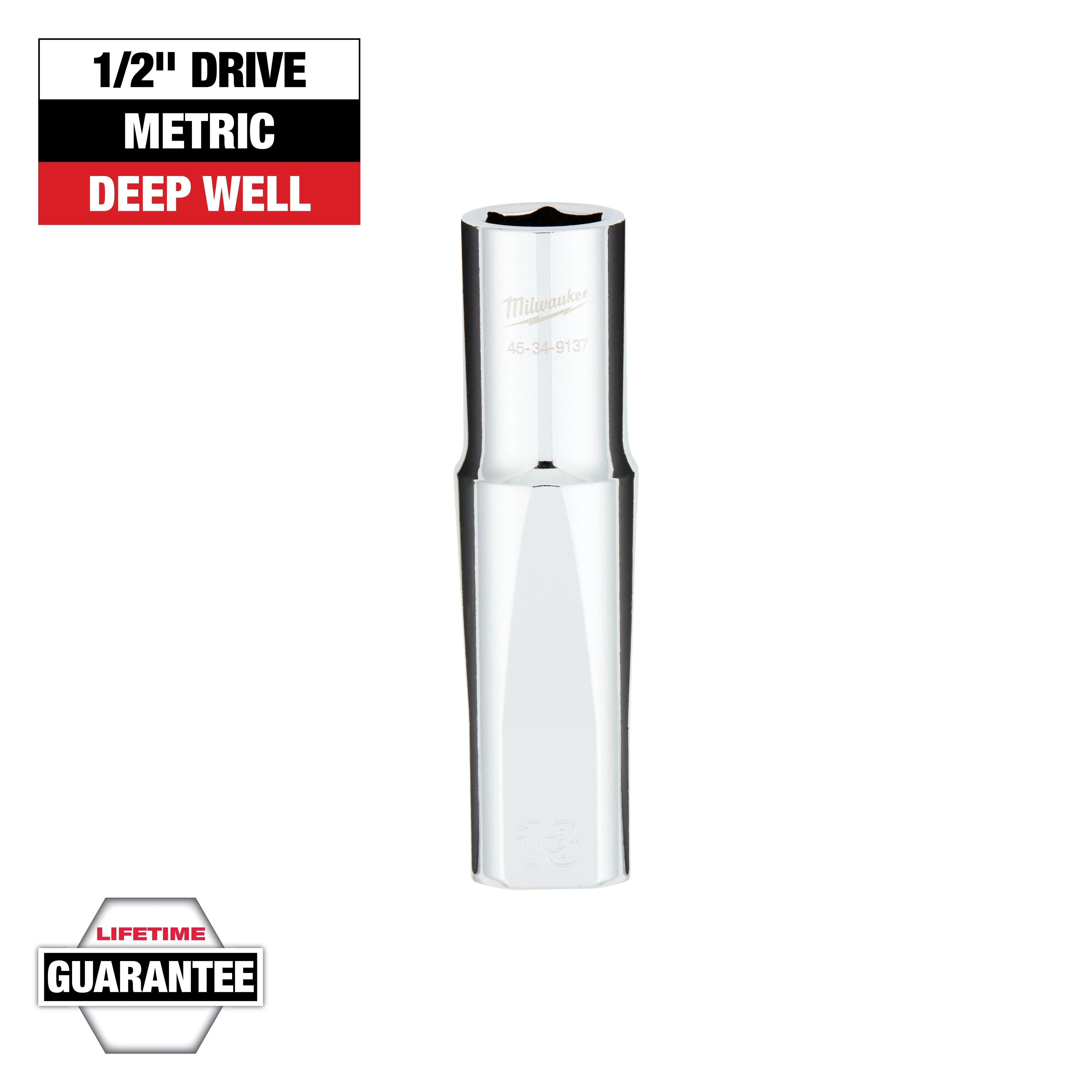 This is a Milwaukee 1/2" drive metric deep well socket. The image highlights its polished chrome finish. A label at the top reads "1/2" Drive, Metric, Deep Well," and there is a "Lifetime Guarantee" badge at the bottom.