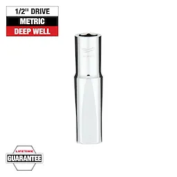 This is a Milwaukee 1/2" drive metric deep well socket. The image highlights its polished chrome finish. A label at the top reads "1/2" Drive, Metric, Deep Well," and there is a "Lifetime Guarantee" badge at the bottom.