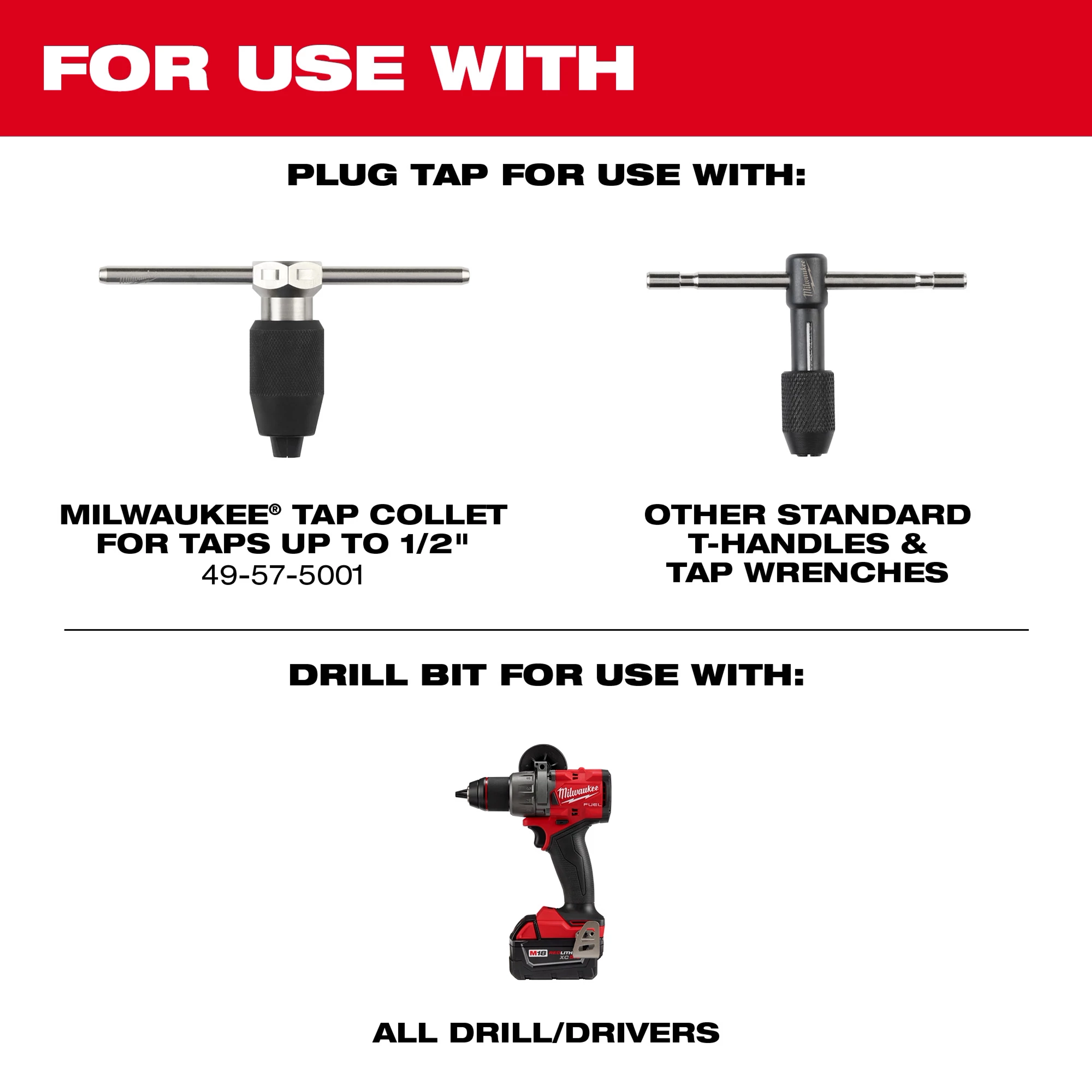 Milwaukee plug tap collet for taps up to 1/2 inch, part number 49-57-5001, compatible with standard T-handles, tap wrenches, and drill/drivers.