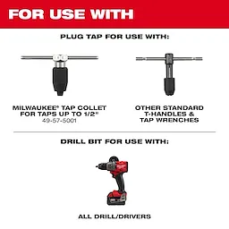 Milwaukee plug tap collet for taps up to 1/2 inch, part number 49-57-5001, compatible with standard T-handles, tap wrenches, and drill/drivers.