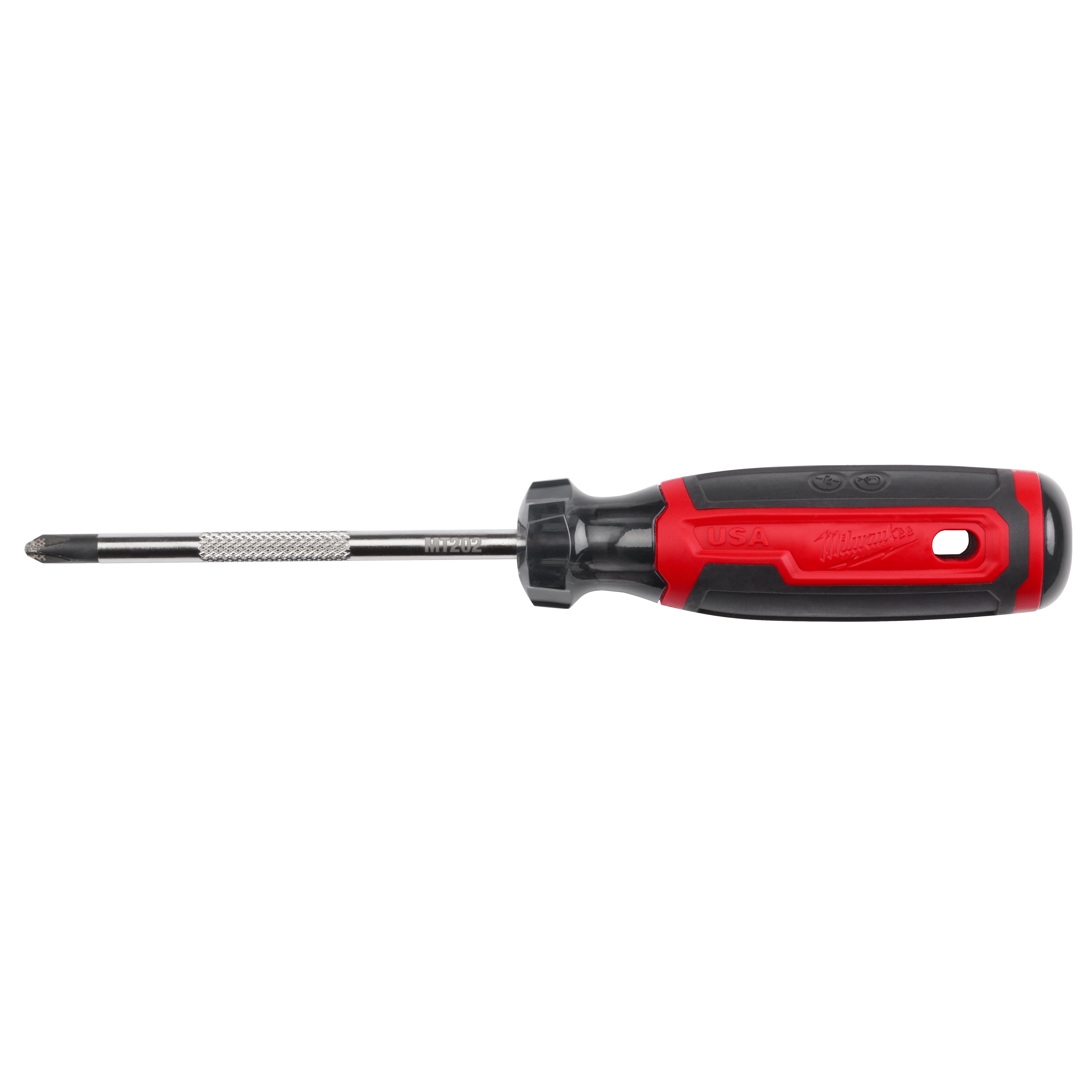 %232 Phillips 4" Cushion Grip Screwdriver (USA) has a black and red plastic handle with grip texture for comfort. The steel shaft is partially knurled for improved control, ending in a Phillips #2 tip. The handle is branded and includes a hanger hole for storage.