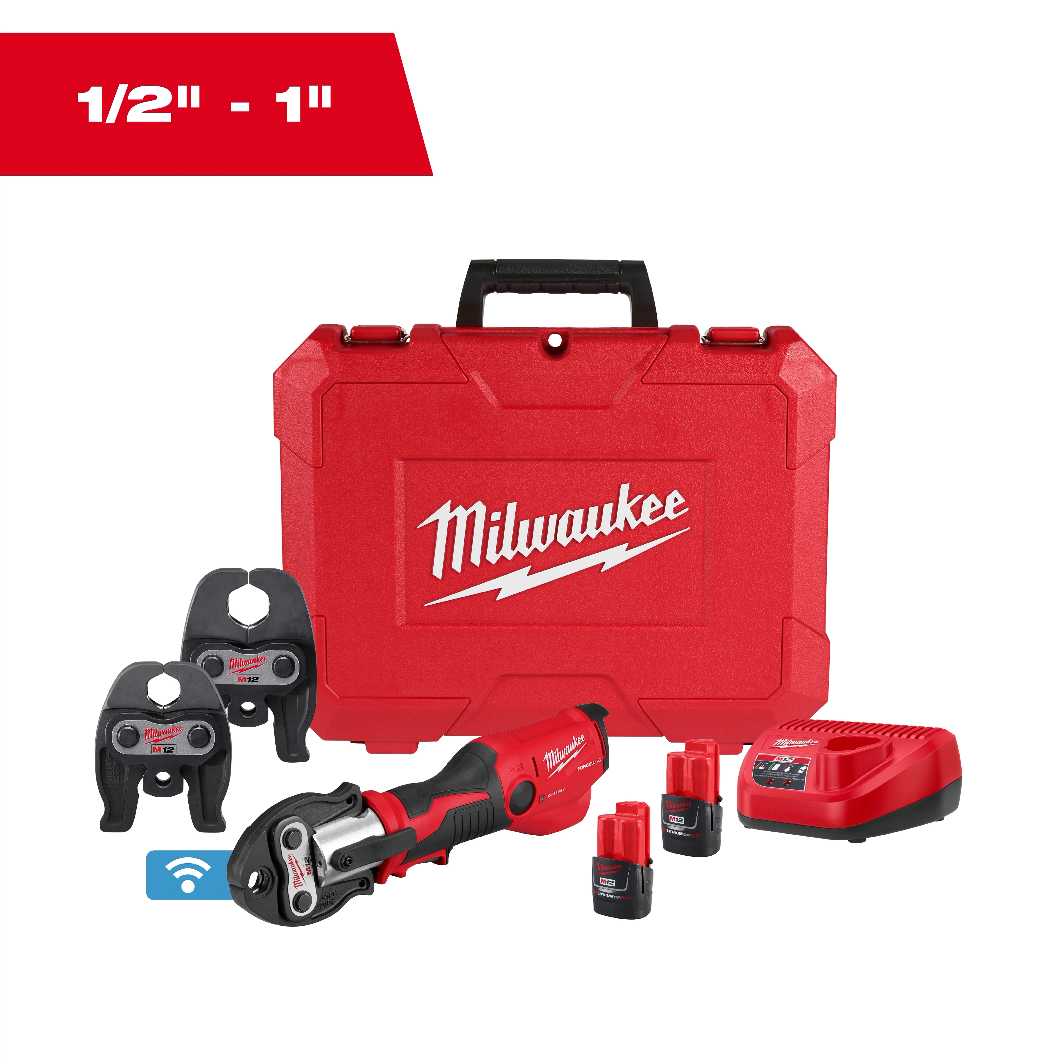 M12 FORCE LOGIC Press Tool Kit w/ ONE-KEY includes a red press tool, red case, two black jaws, batteries, and a charger.