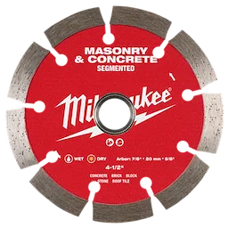 A red Milwaukee 4-1/2" Segmented Masonry & Concrete Diamond Blade. The blade features segments with embedded diamond particles and is labeled for cutting concrete, brick, block, stone, and roof tile. It is suitable for wet and dry use with various arbor sizes.