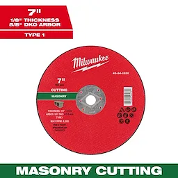7" x 1/8" x 5/8" DKO Masonry Cut Off Wheel - Type 1 with red label, for cutting masonry; specified thickness, arbor size, and RPM.
