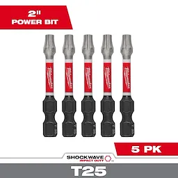 The image shows a pack of five SHOCKWAVE™ 2" Impact Duty TORX® T25 Power Bits. Each bit features the Milwaukee logo on a red band in the middle. The packaging highlights "2" Power Bit" and "5 PK."