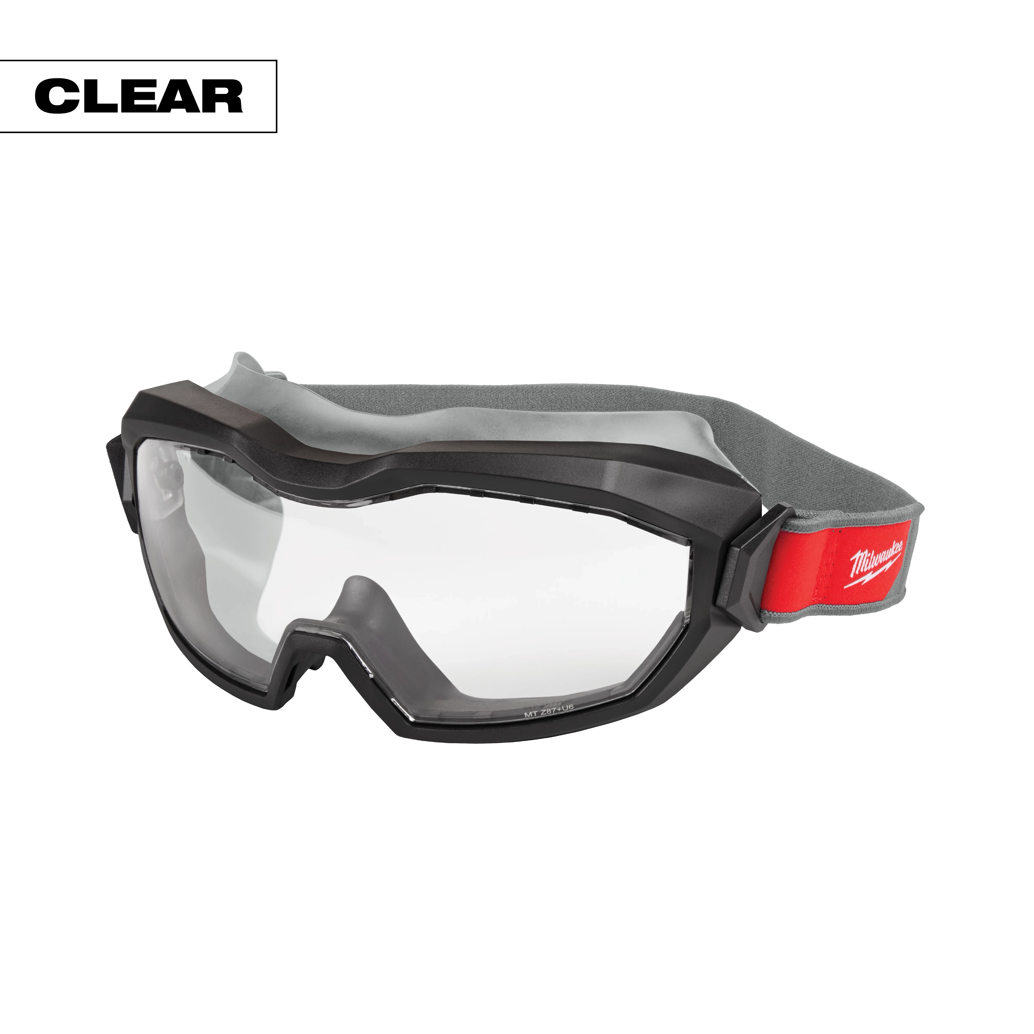 Non-Vented Goggles with Clear Dual Coat Lens, featuring a black frame and red adjustable strap, provide eye protection.
