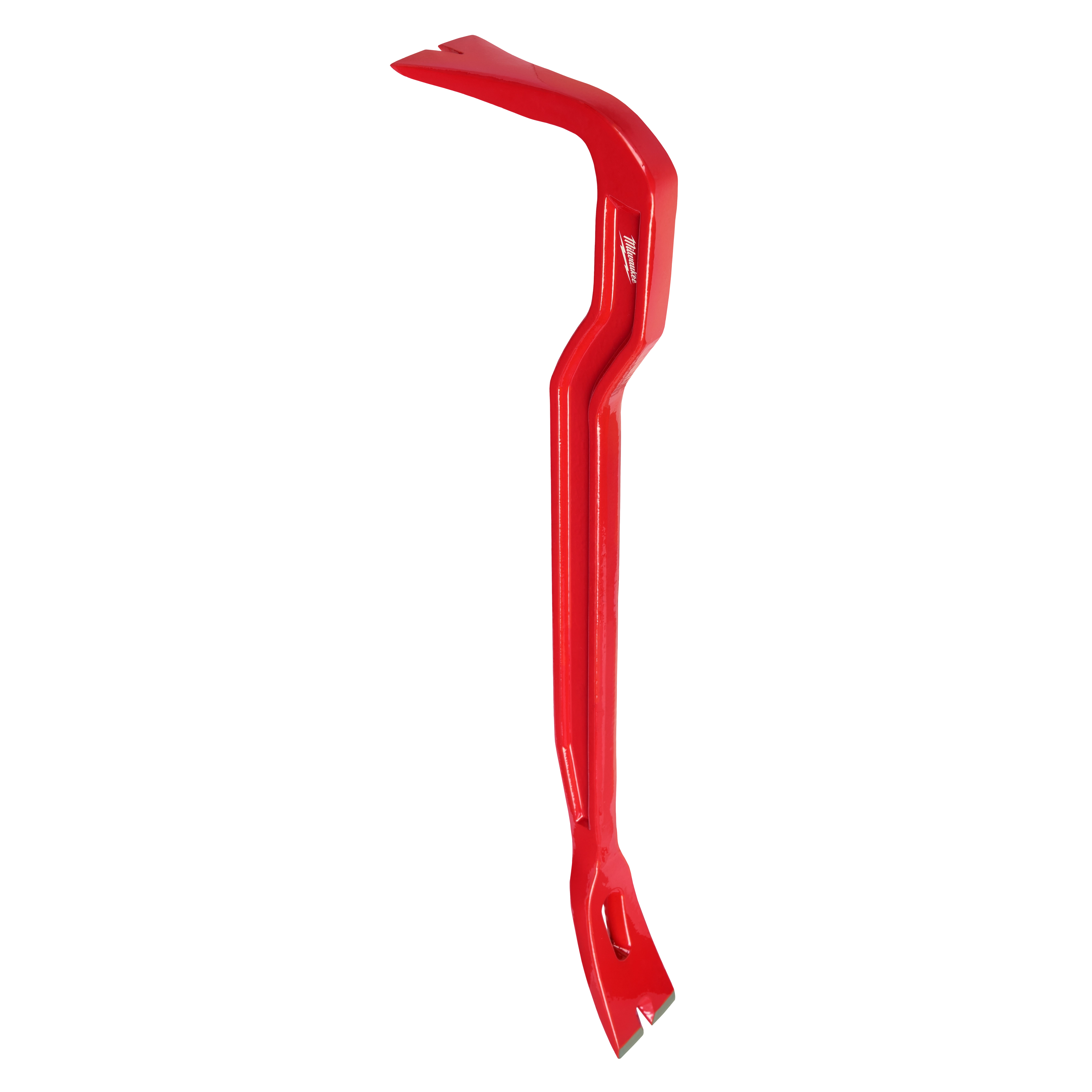 The image shows a red 18" Wrecking Bar with one tapered end and one curved, angled end.