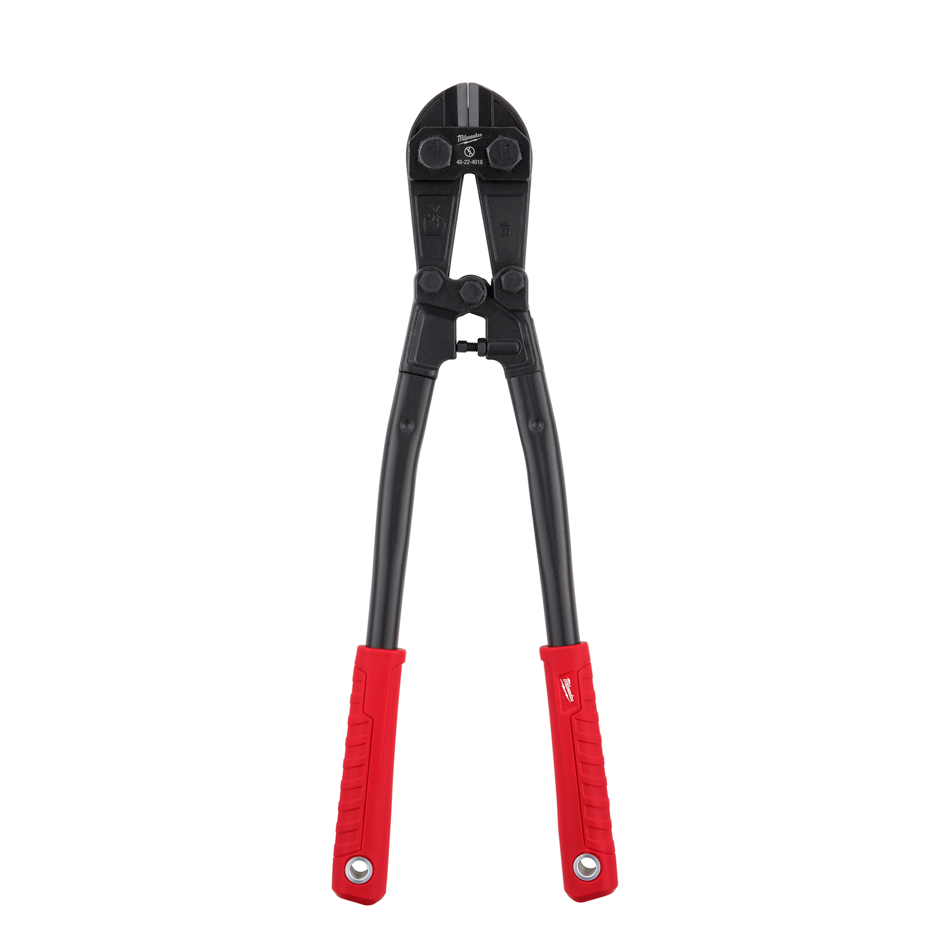 The 18" Bolt Cutter has black metal jaws and handles, along with red, rubber-coated grips. It is designed for cutting through bolts and chains.