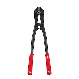 The 18" Bolt Cutter has black metal jaws and handles, along with red, rubber-coated grips. It is designed for cutting through bolts and chains.